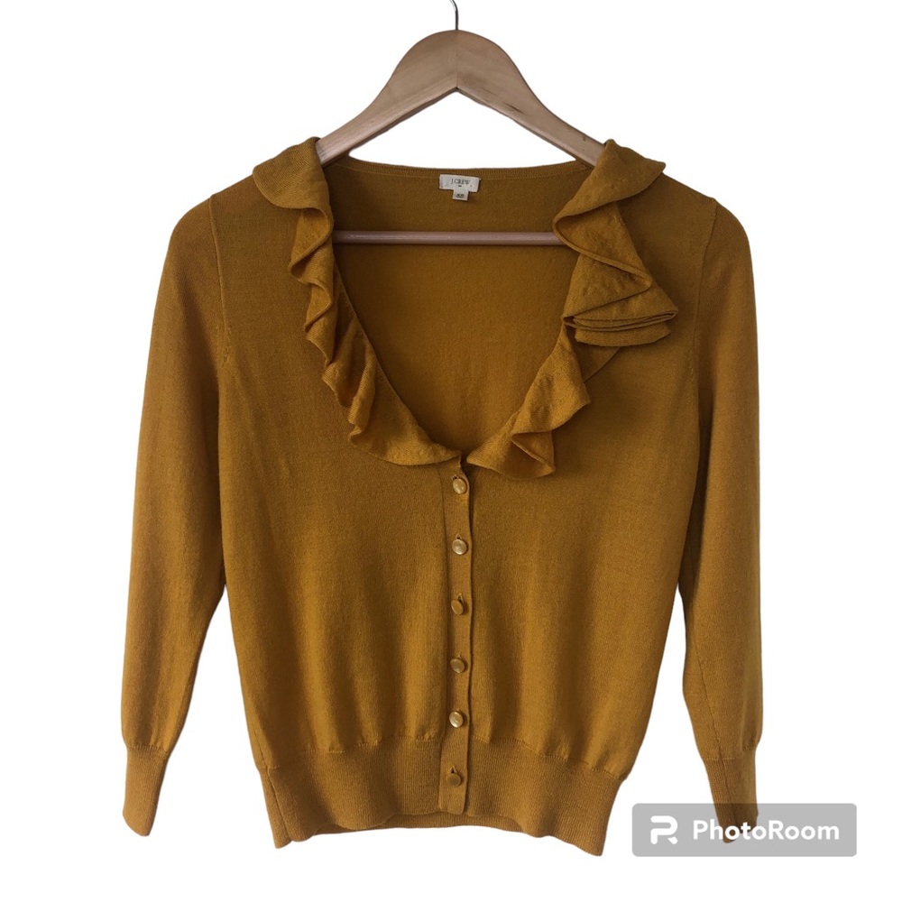 J CREW Factory Mustard Yellow/Gold Wool Ruffle Collar Cardigan Sweater